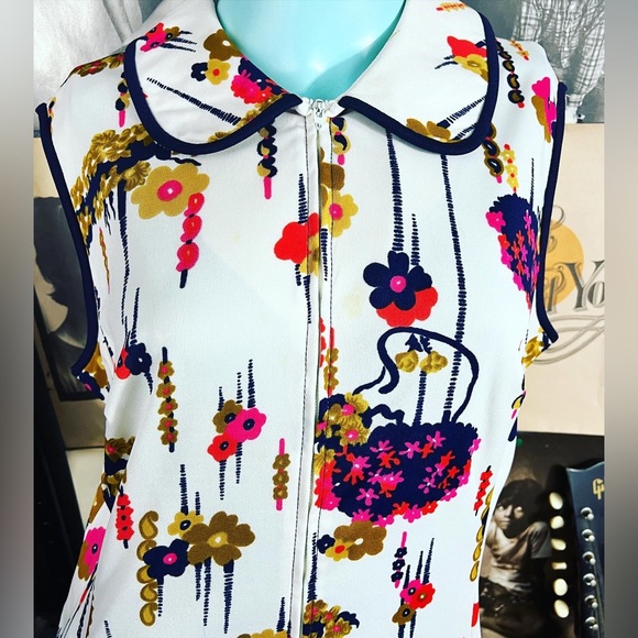 🔥VINTAGE MOD 1960’s TWIGGY STYLE FLORAL RETRO DRESS L/XL - Picture 3 of 9